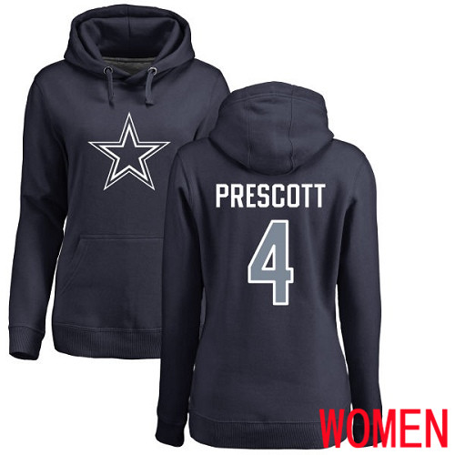 Women Dallas Cowboys Navy Blue Dak Prescott Name and Number Logo #4 Pullover NFL Hoodie Sweatshirts->nfl t-shirts->Sports Accessory